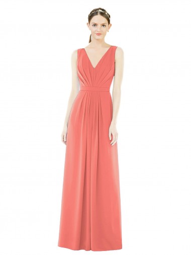 A-Line V-Neck Soft Chiffon Long Coral Bridesmaid Dress Barrie