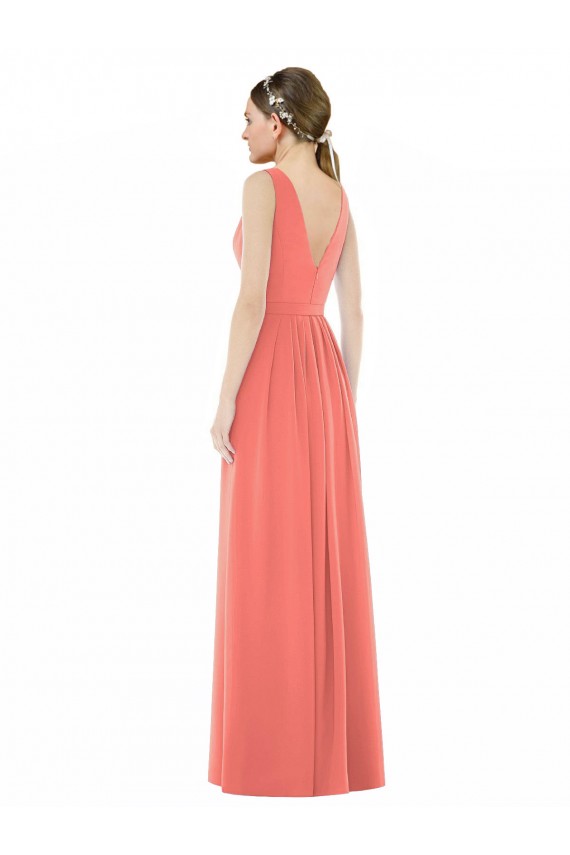 A-Line V-Neck Soft Chiffon Long Coral Bridesmaid Dress Barrie