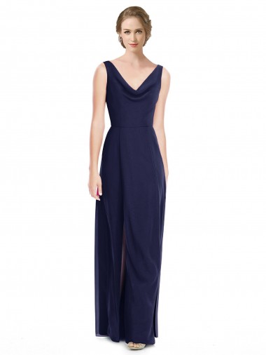 A-Line Cowl Neck Soft Chiffon Long Dark Navy Bridesmaid Dress Barrie