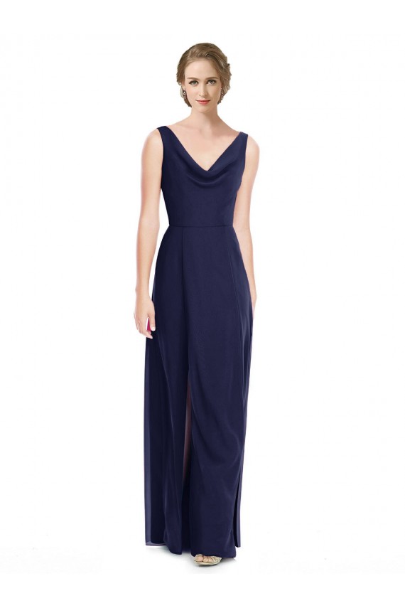A-Line Cowl Neck Soft Chiffon Long Dark Navy Bridesmaid Dress Barrie
