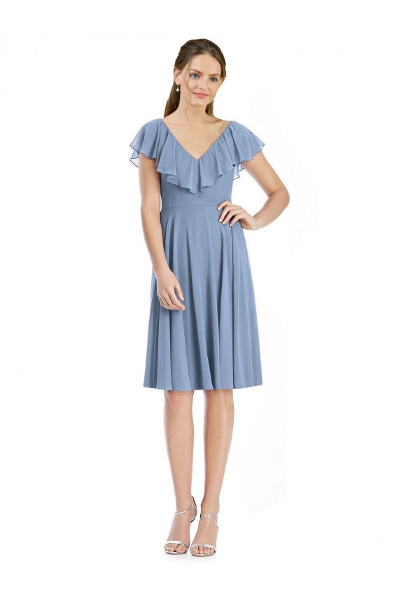 A-Line V-Neck Soft Chiffon Cocktail Length Dusty Blue Bridesmaid Dress Barrie