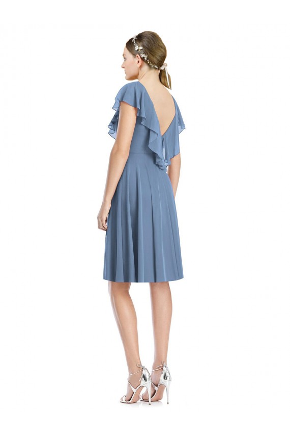 A-Line V-Neck Soft Chiffon Cocktail Length Dusty Blue Bridesmaid Dress Barrie