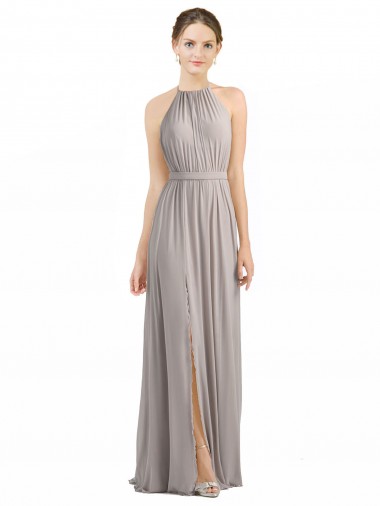 A-Line Halter Neck Soft Chiffon Long Oyster Silver Bridesmaid Dress Barrie
