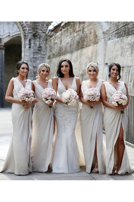 A-Line V-Neck Soft Chiffon Long Champagne Bridesmaid Dress Barrie
