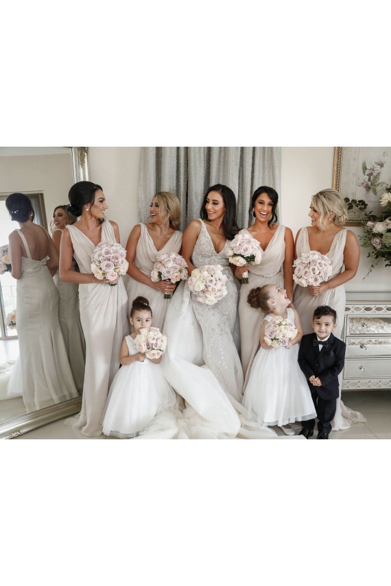 A-Line V-Neck Soft Chiffon Long Champagne Bridesmaid Dress Barrie