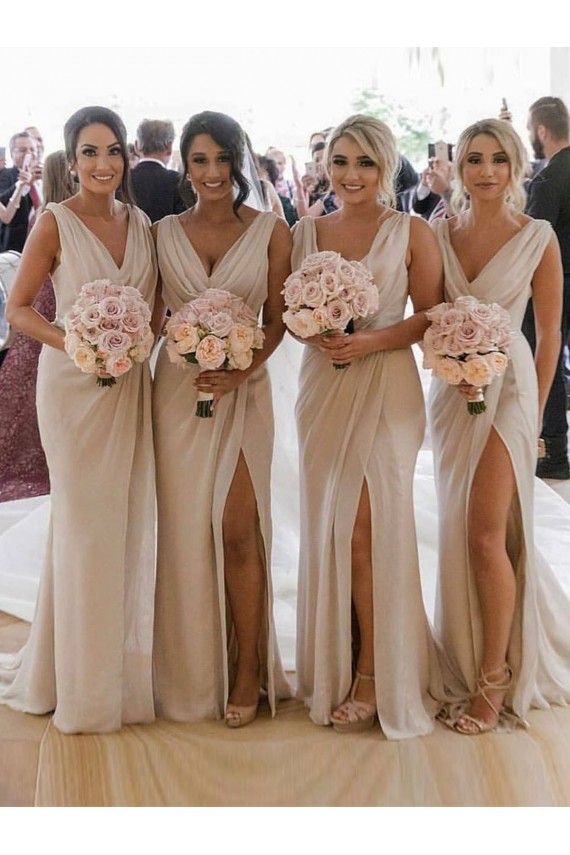 A-Line V-Neck Soft Chiffon Long Champagne Bridesmaid Dress Barrie