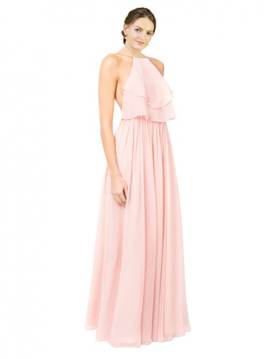A-Line Halter Neck Soft Chiffon Long Pink Formal Dress / Bridesmaid Dress Barrie