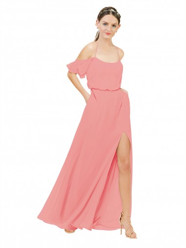 A-Line Off the Shoulder Soft Chiffon Long Watermelon Bridesmaid Dress Barrie