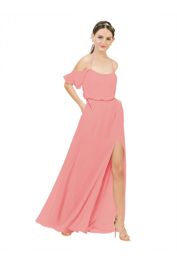 A-Line Off the Shoulder Soft Chiffon Long Watermelon Bridesmaid Dress Barrie