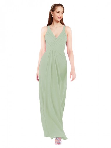 Sheath V-Neck Soft Chiffon Long Smoke Green Bridesmaid Dress Barrie