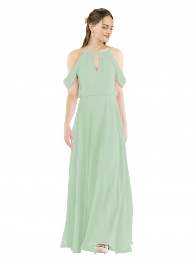 Sheath Off the Shoulder Soft Chiffon Long Sage Bridesmaid Dress Barrie