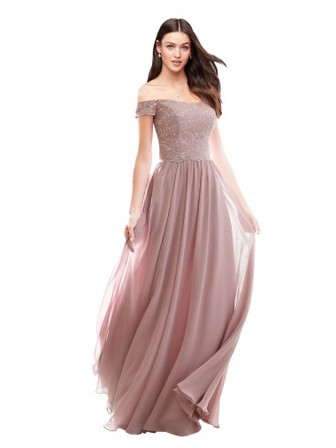 A-Line Off the Shoulder Soft Chiffon & Lace Long Pink Bridesmaid Dress Barrie
