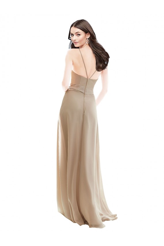 A-Line High Neck Soft Chiffon Long Champagne Bridesmaid Dress Barrie