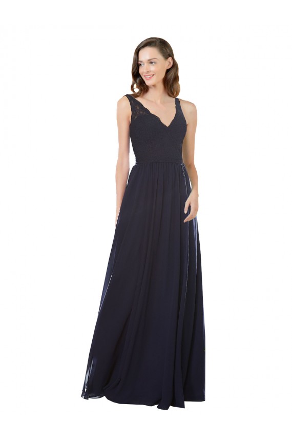 A-Line V-Neck Soft Chiffon & Lace Long Dark Navy Bridesmaid Dress Barrie