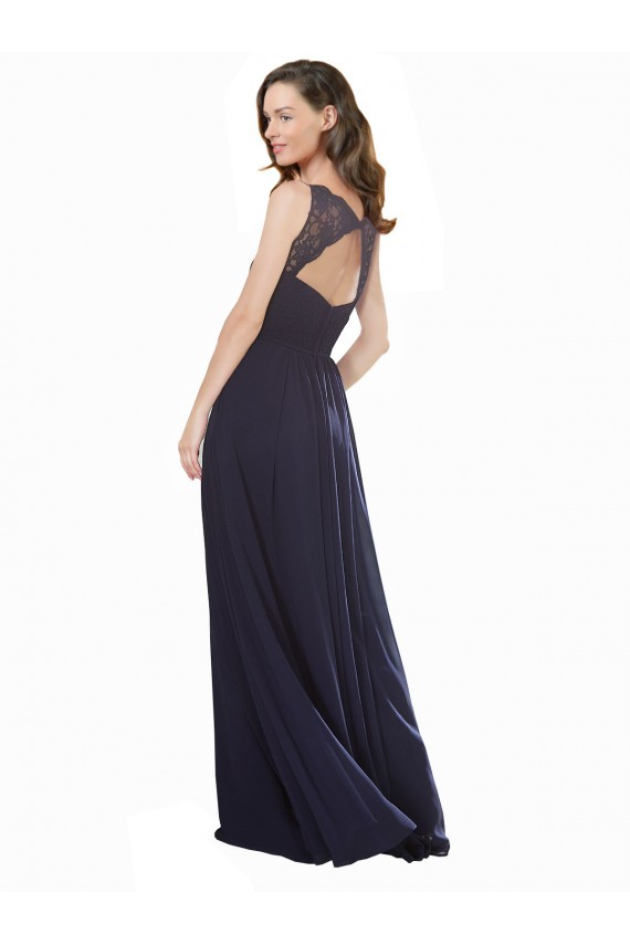 A-Line V-Neck Soft Chiffon & Lace Long Dark Navy Bridesmaid Dress Barrie