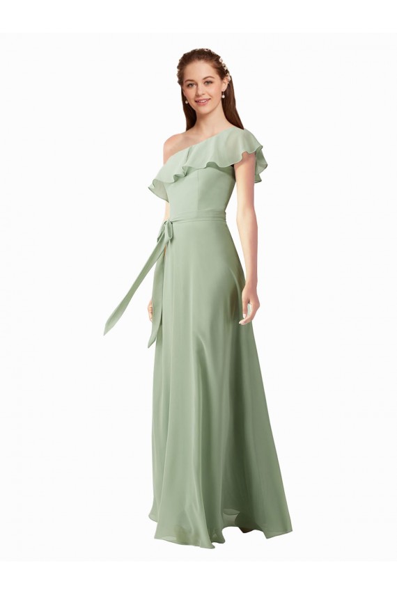 A-Line One Shoulder Soft Chiffon Long Smoke Green Bridesmaid Dress Barrie