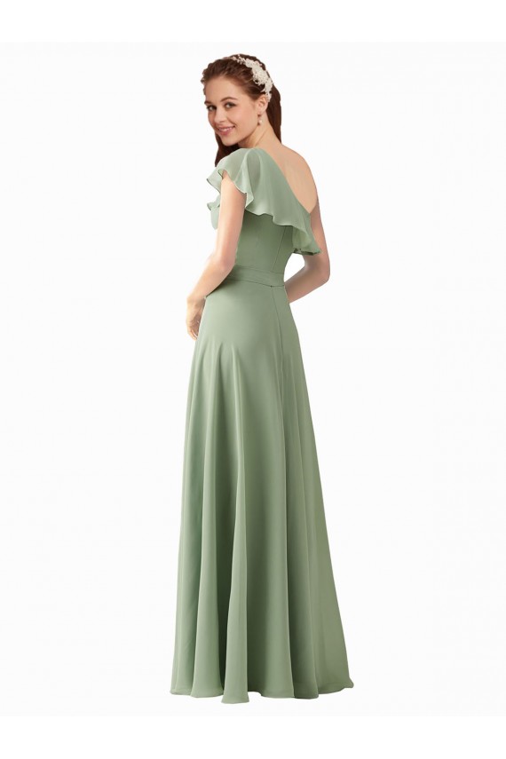 A-Line One Shoulder Soft Chiffon Long Smoke Green Bridesmaid Dress Barrie