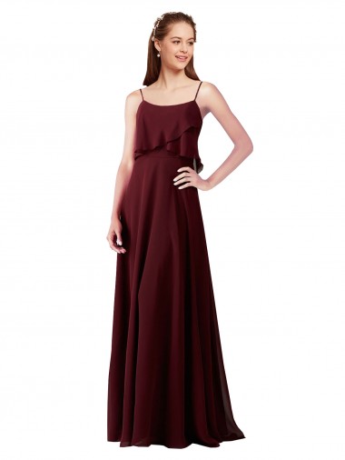 A-Line Spaghetti Straps Chiffon Long Burgundy Gold Bridesmaid Gowns Barrie