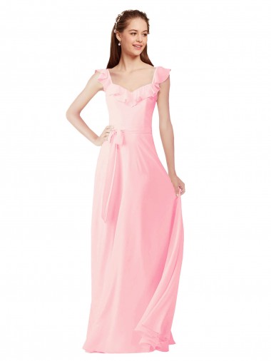 A-Line V-Neck Soft Chiffon Long Pink Bridesmaid Dress Barrie