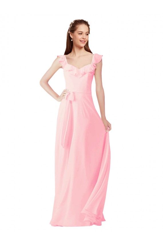 A-Line V-Neck Soft Chiffon Long Pink Bridesmaid Dress Barrie