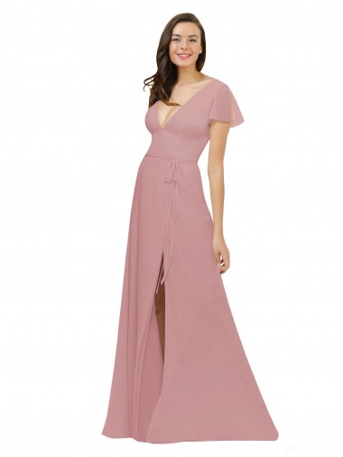 A-Line V-Neck Chiffon Long Dusty Pink Bridesmaid Dress / Evening Dress Barrie