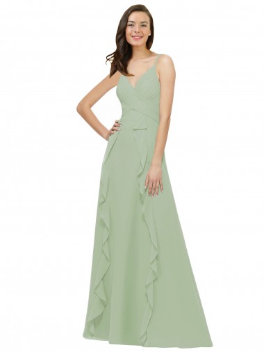 A-Line V-Neck Soft Chiffon Long Smoke Green Bridesmaid Dress Barrie