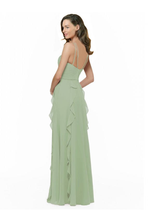 A-Line V-Neck Soft Chiffon Long Smoke Green Bridesmaid Dress Barrie