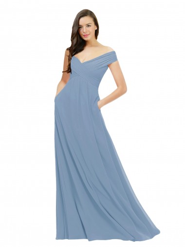 A-Line Off the Shoulder Chiffon Long Dusty Blue Bridesmaid Dress / Evening Gowns Barrie