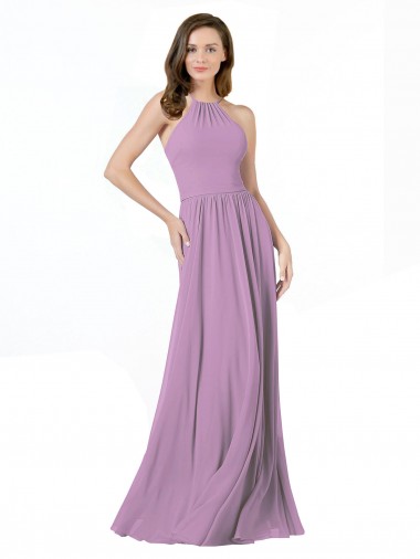 A-Line Halter Neck Soft Chiffon Long Dark Lavender Bridesmaid Dress Barrie
