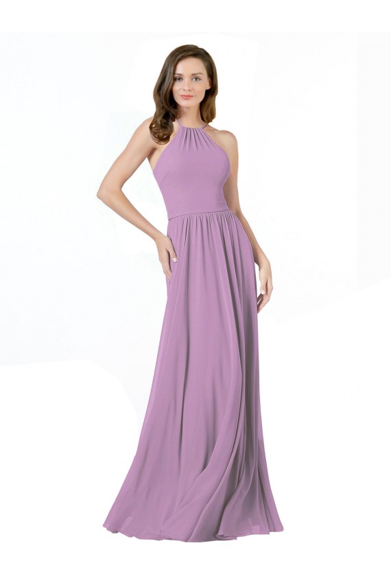 A-Line Halter Neck Soft Chiffon Long Dark Lavender Bridesmaid Dress Barrie