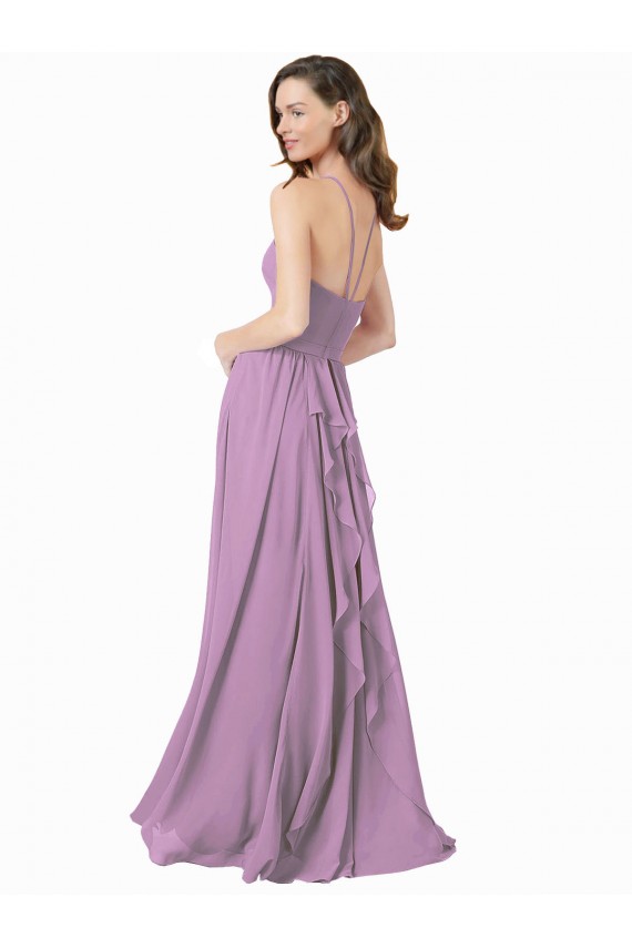 A-Line Halter Neck Soft Chiffon Long Dark Lavender Bridesmaid Dress Barrie