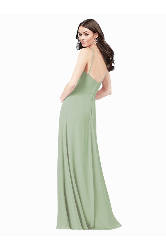 A-Line Spaghetti Straps Soft Chiffon Long Smoke Green Bridesmaid Dress Barrie
