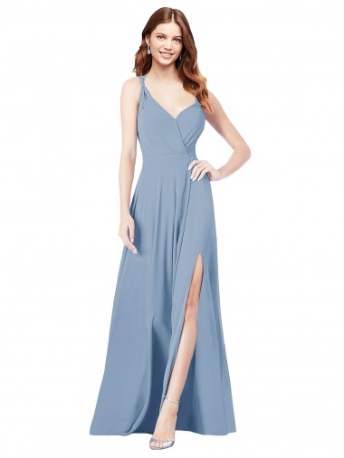 A-Line V-Neck Soft Chiffon Long Dusty Blue Formal Dress / Bridesmaid Dress Barrie