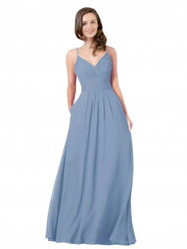 A-Line V-Neck Chiffon Long Dusty Blue Bridesmaid Dress / Evening Dress Barrie