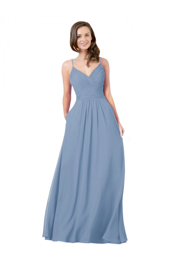 A-Line V-Neck Chiffon Long Dusty Blue Bridesmaid Dress / Evening Dress Barrie