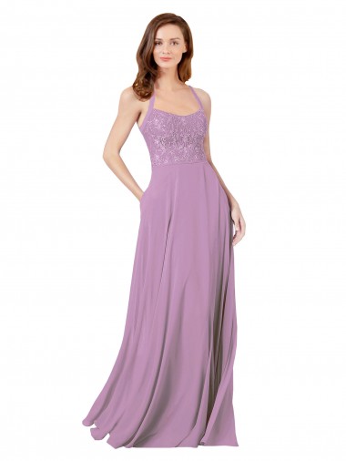 A-Line Spaghetti Straps Soft Chiffon & Lace Long Dark Lavender Bridesmaid Dress Barrie