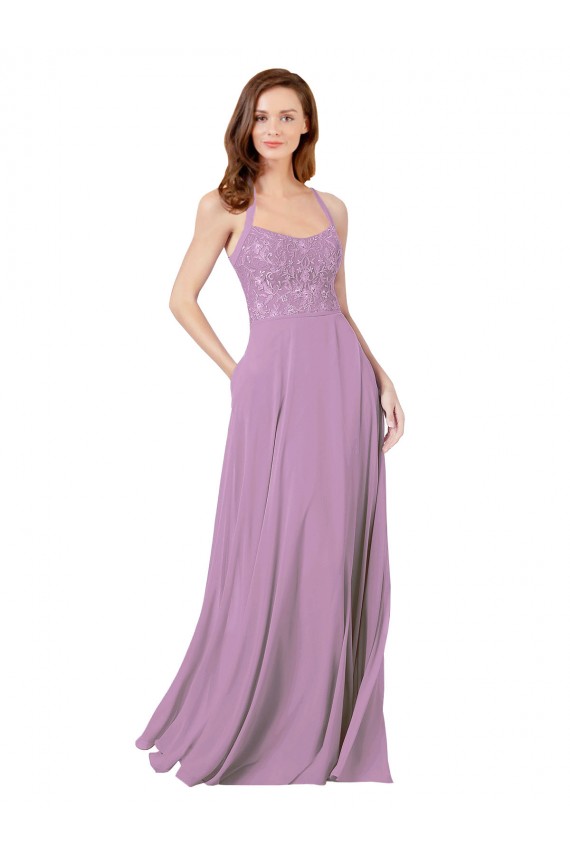 A-Line Spaghetti Straps Soft Chiffon & Lace Long Dark Lavender Bridesmaid Dress Barrie