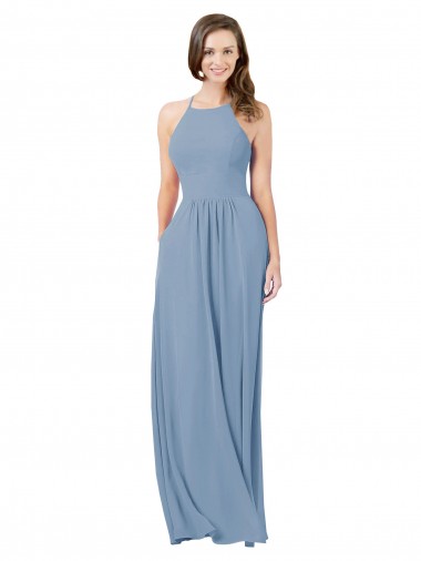 A-Line Halter Neck Chiffon Long Dusty Blue Bridesmaid Gowns Barrie