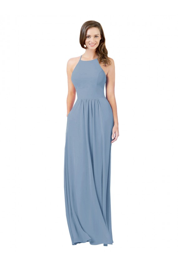 A-Line Halter Neck Chiffon Long Dusty Blue Bridesmaid Gowns Barrie