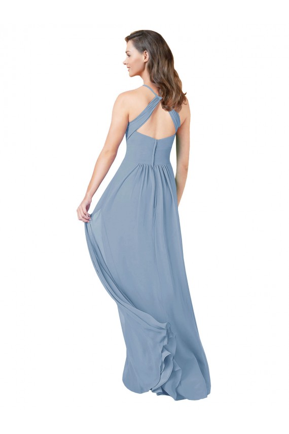 A-Line Halter Neck Chiffon Long Dusty Blue Bridesmaid Gowns Barrie