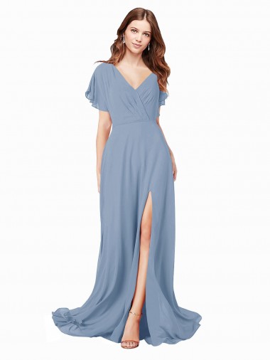 A-Line V-Neck Soft Chiffon Long Dusty Blue Black Tie Prom Dress / Bridesmaid Dress Barrie