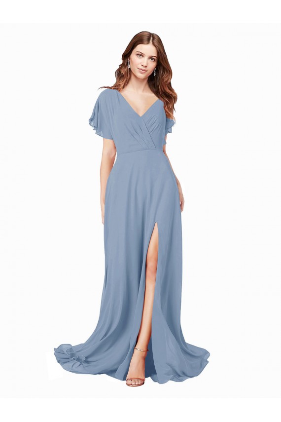 A-Line V-Neck Soft Chiffon Long Dusty Blue Black Tie Prom Dress / Bridesmaid Dress Barrie