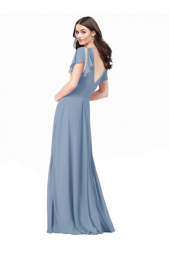 A-Line V-Neck Soft Chiffon Long Dusty Blue Black Tie Prom Dress / Bridesmaid Dress Barrie