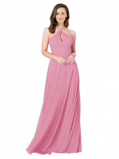 A-Line Halter Neck Soft Chiffon Long Skin Pink Prom Dress / Bridesmaid Dress Barrie