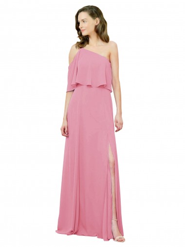 A-Line One Shoulder Soft Chiffon Long Skin Pink Bridesmaid Dress Barrie