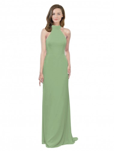 A-Line High Neck Soft Chiffon Long Seagrass Formal Dress / Bridesmaid Dress Barrie