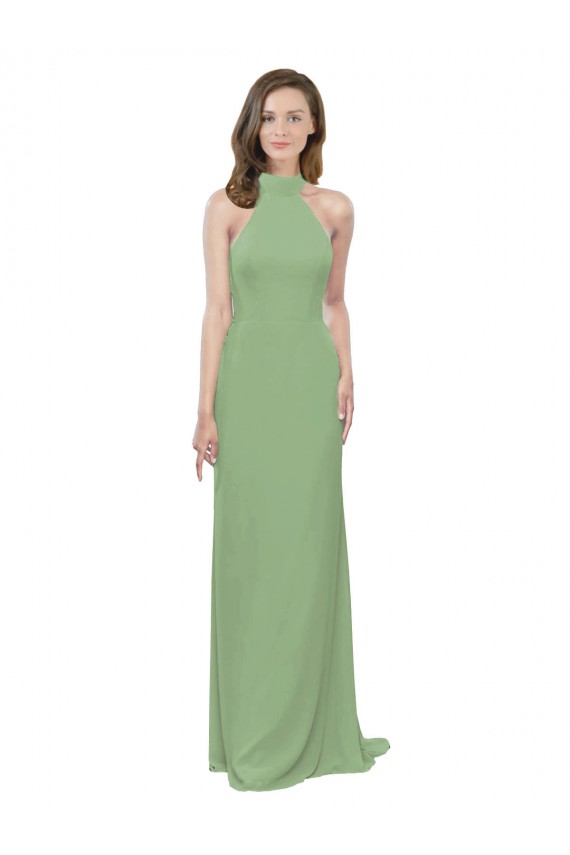 A-Line High Neck Soft Chiffon Long Seagrass Formal Dress / Bridesmaid Dress Barrie