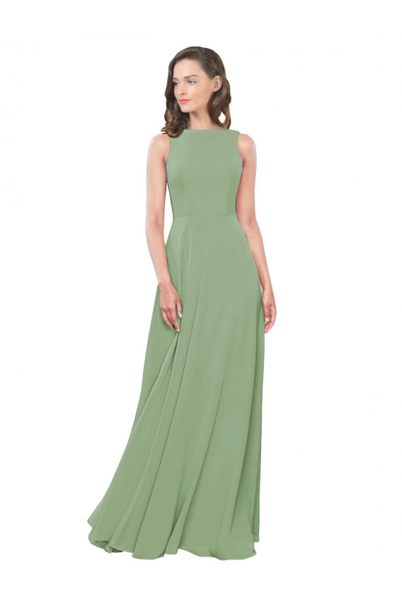 A-Line High Neck Soft Chiffon Long Seagrass Bridesmaid Dress Barrie