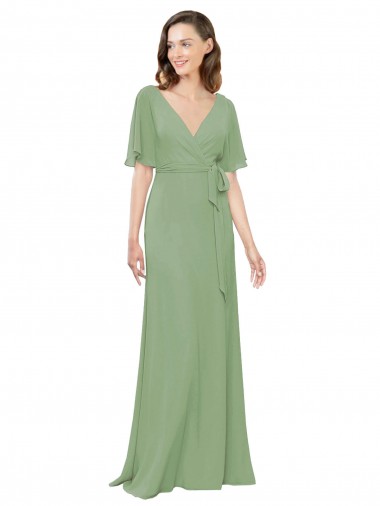 A-Line V-Neck Soft Chiffon Long Seagrass Bridesmaid Dress Barrie