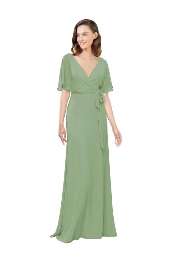 A-Line V-Neck Soft Chiffon Long Seagrass Bridesmaid Dress Barrie